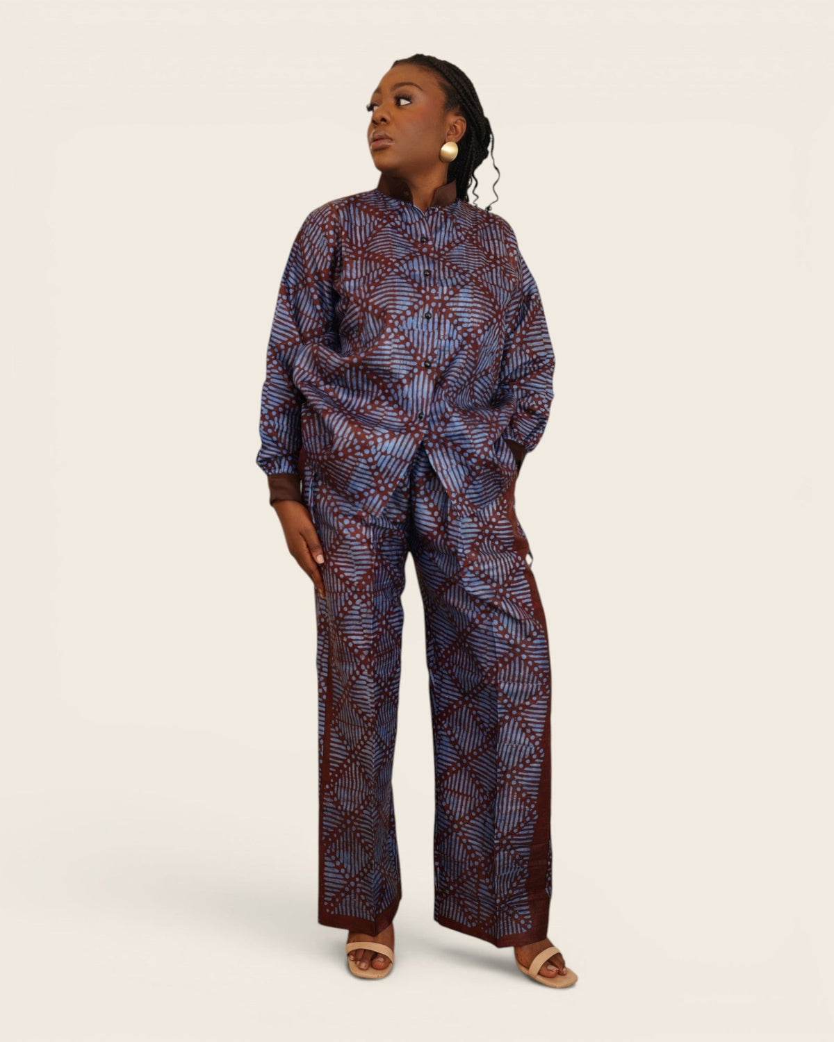 Asola shirt and straight-leg trouser set in Sapphire Mocha hand-dyed Adire, shown together on a model