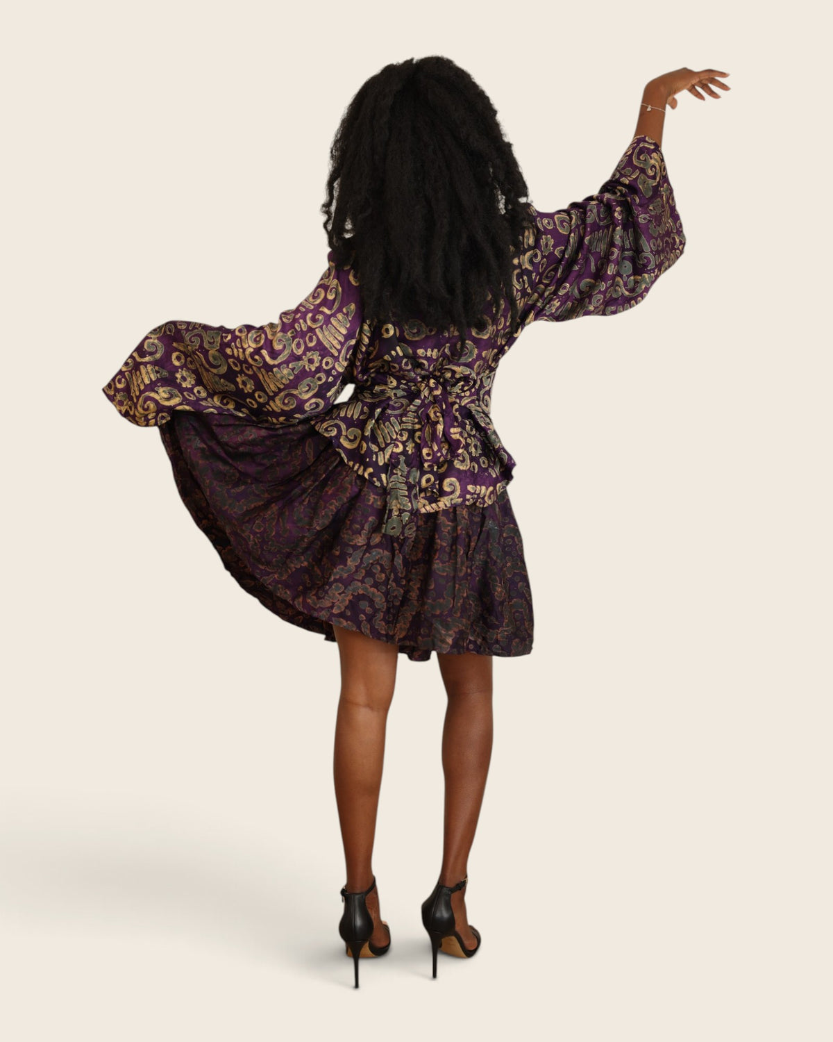 Hand-dyed indigo Adire crepe two-piece skirt set with wrap top and bell sleeves