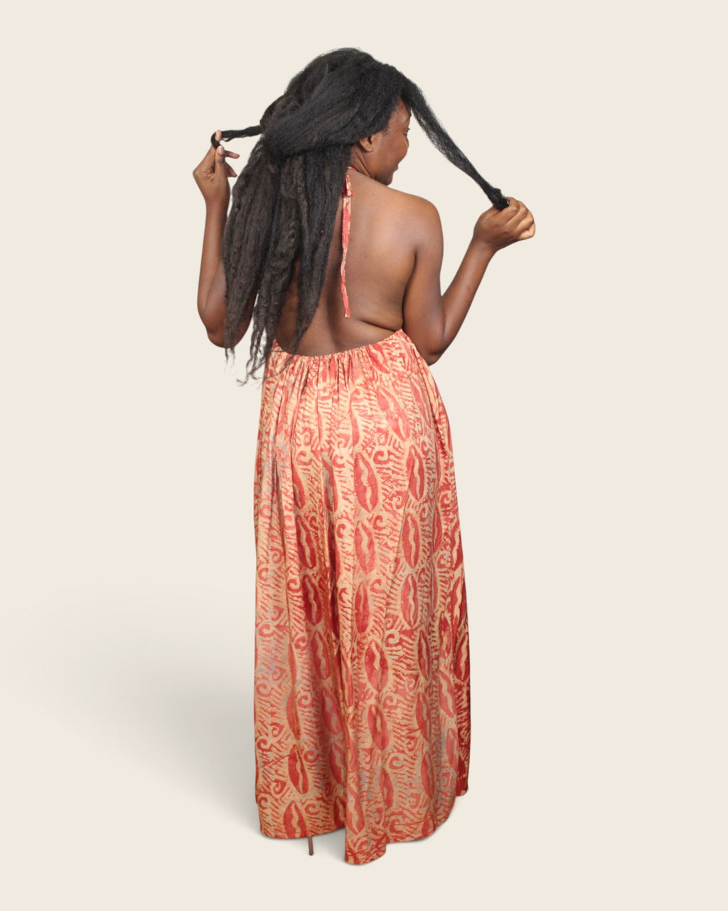 Backview of adire backless dress