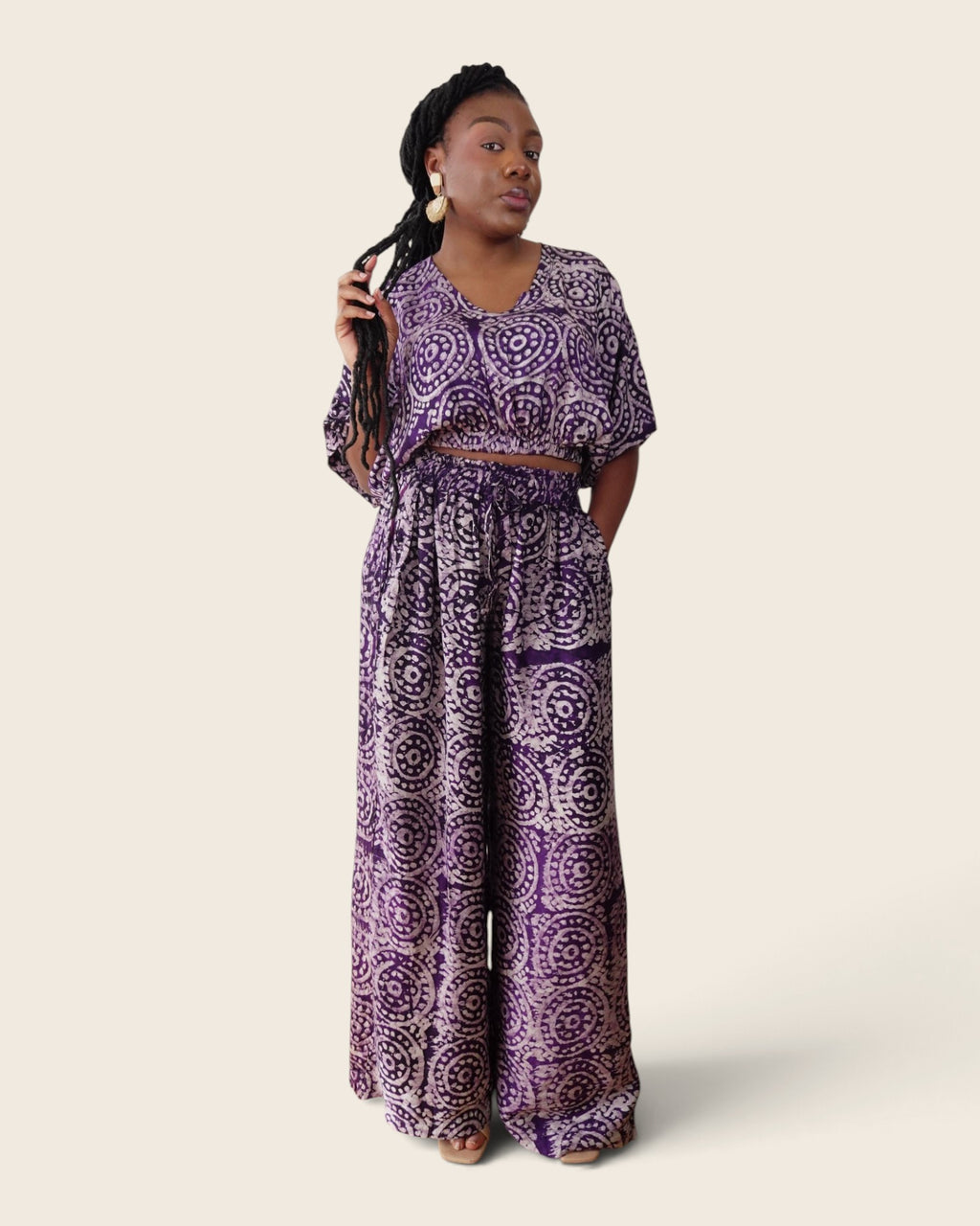Simi Amethyst Medallion — wide-leg trouser set in hand-dyed Adire, front view, L'atelier KaAy