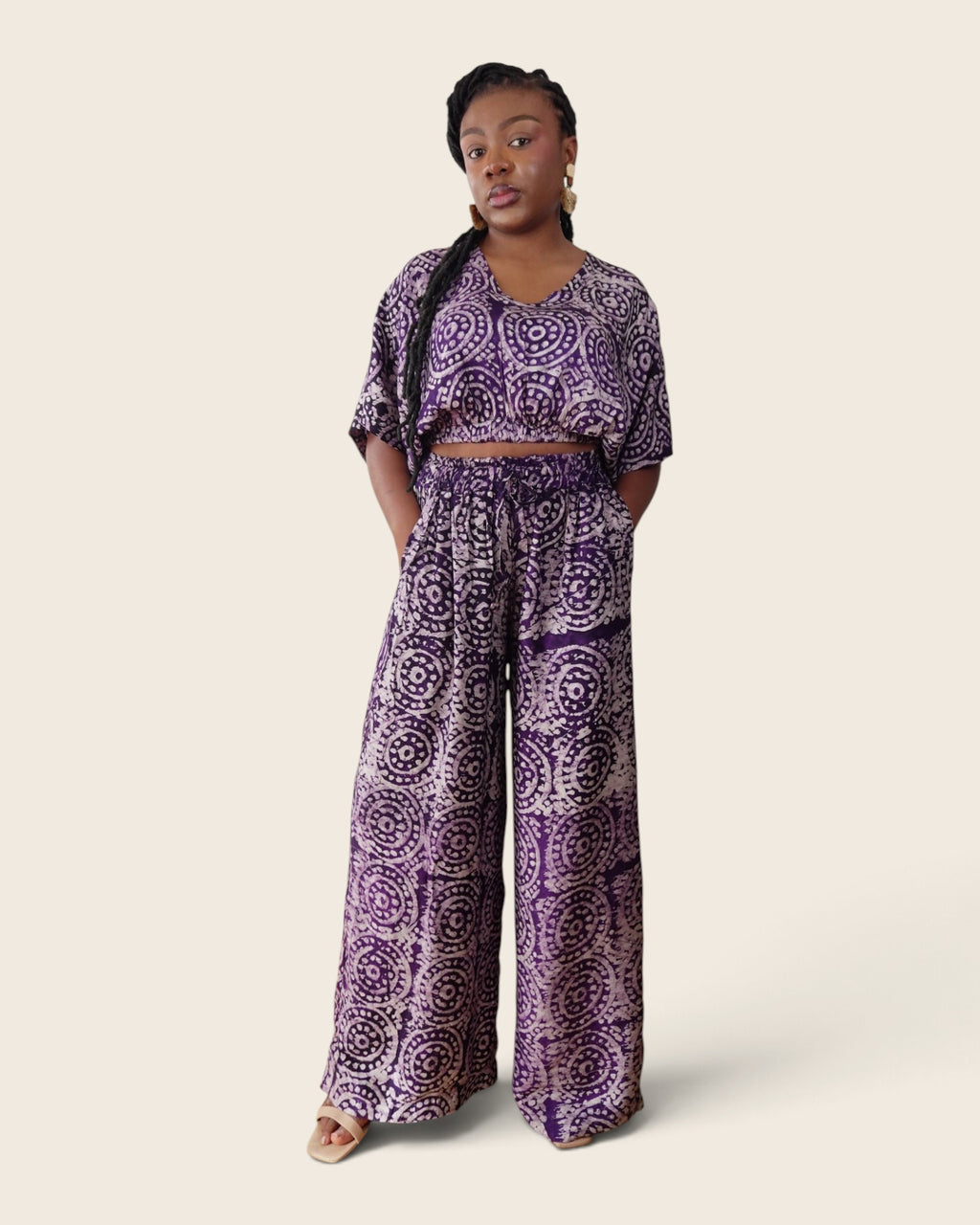 Simi Amethyst Medallion — wide-leg trouser set in hand-dyed Adire, front view, hands in pockets, L'atelier KaAy