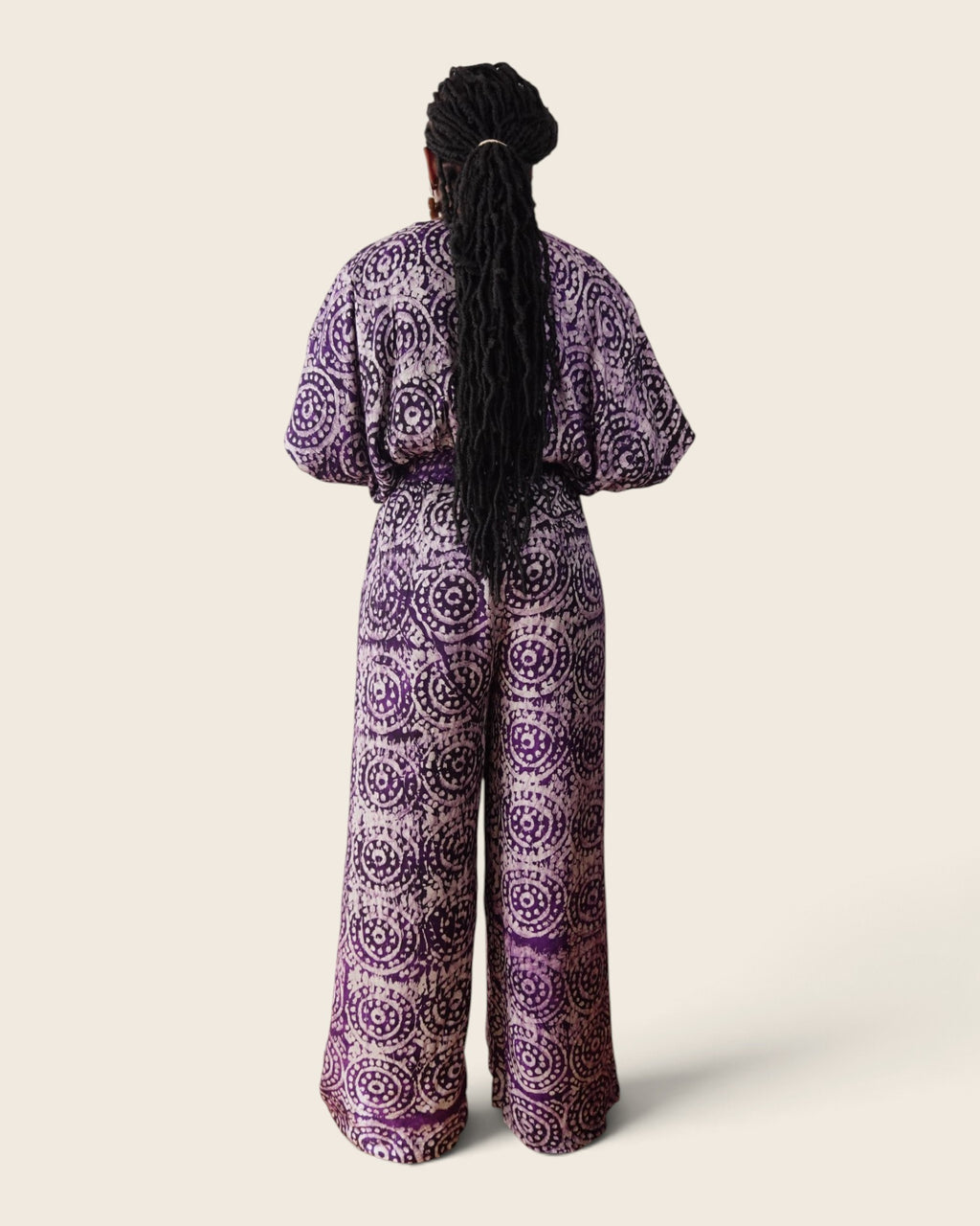 Simi Amethyst Medallion — wide-leg trouser set in hand-dyed Adire, back view, L'atelier KaAy