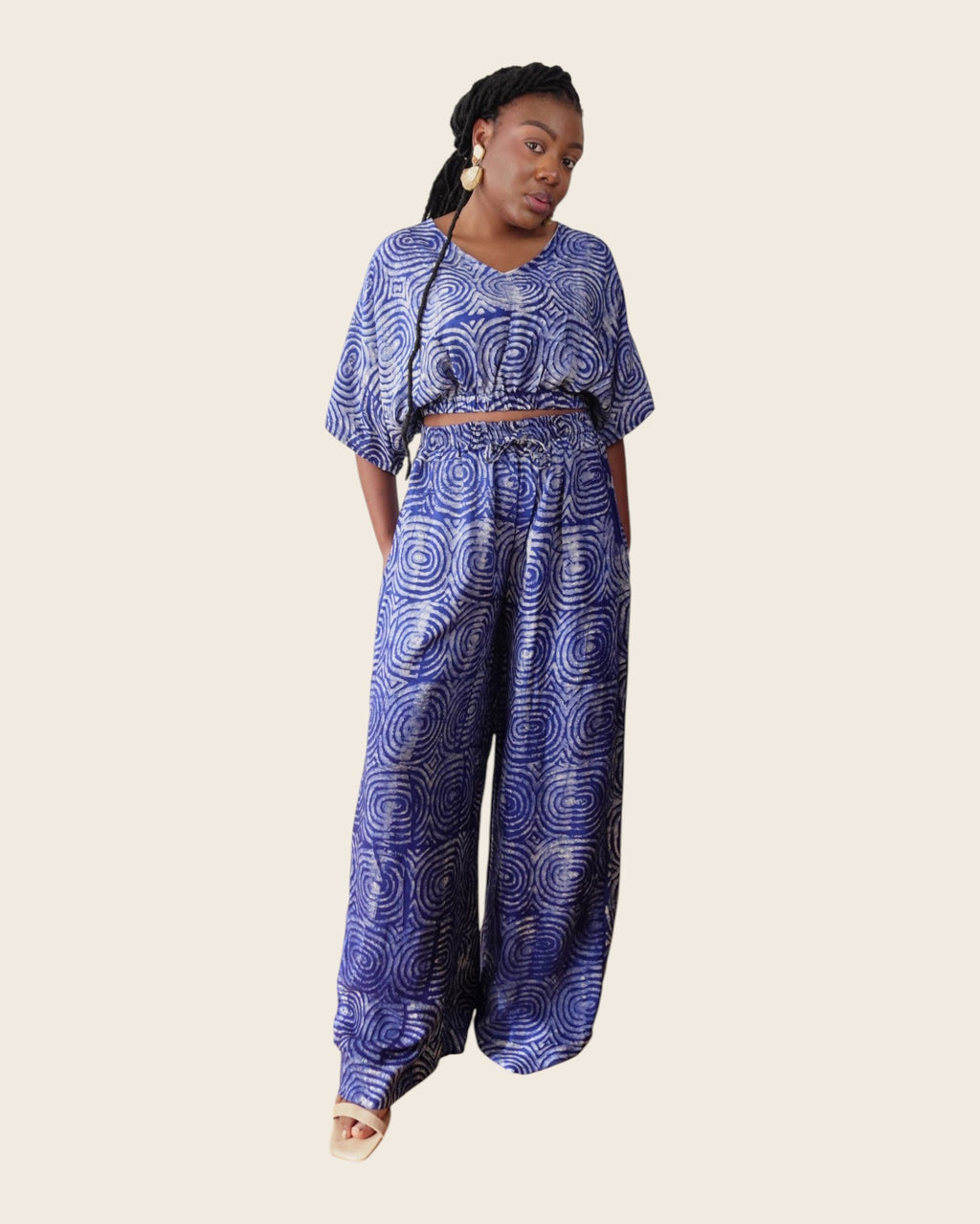 Simi Lapis Ripple — wide-leg trouser set in hand-dyed Adire, front view, L'atelier KaAy