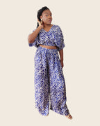 Simi Delft Scroll — wide-leg trouser set in hand-dyed Adire, front view, L'atelier KaAy