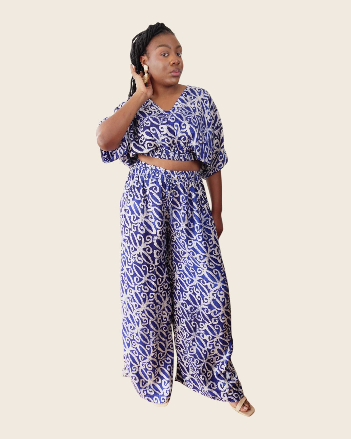 Simi Delft Scroll — wide-leg trouser set in hand-dyed Adire, front view, L'atelier KaAy