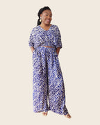 Simi Delft Scroll — wide-leg trouser set in hand-dyed Adire, three-quarter view, L'atelier KaAy
