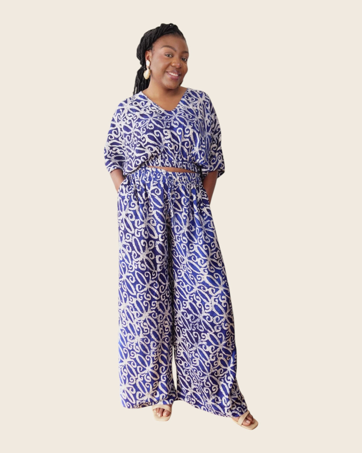 Simi Delft Scroll — wide-leg trouser set in hand-dyed Adire, three-quarter view, L'atelier KaAy