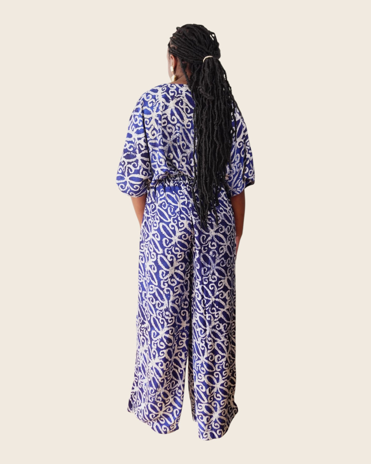 Simi Delft Scroll — wide-leg trouser set in hand-dyed Adire, back view, L'atelier KaAy