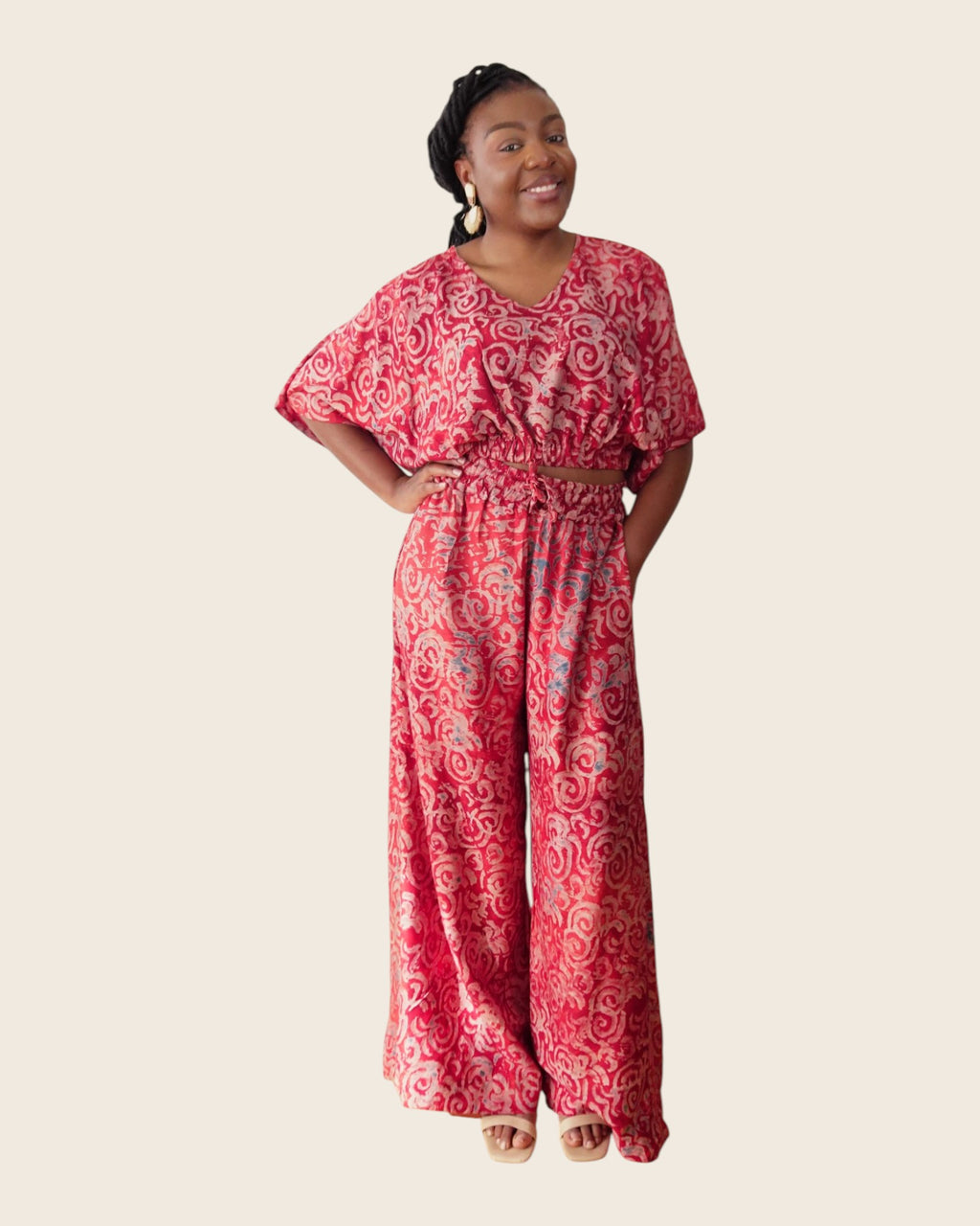 Simi Garnet Swirl — wide-leg trouser set in hand-dyed Adire, front view, sleeves spread, L'atelier KaAy