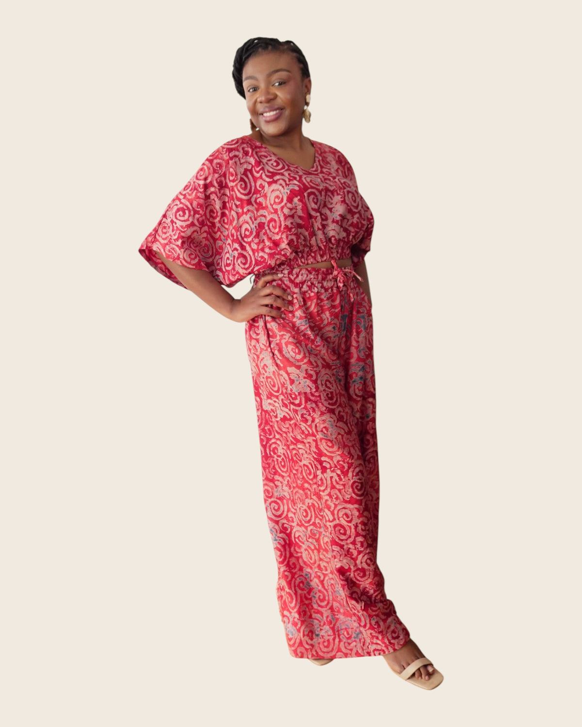 Simi Garnet Swirl — wide-leg trouser set in hand-dyed Adire, three-quarter view, L'atelier KaAy