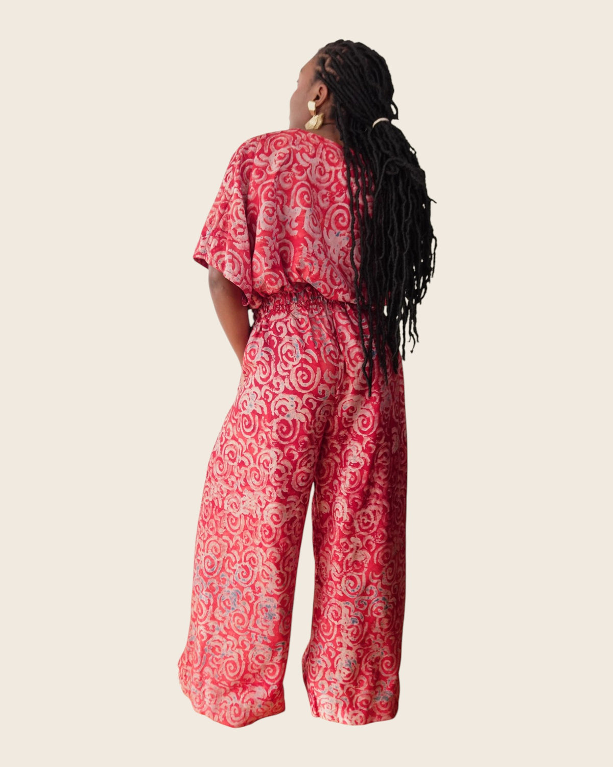Simi Garnet Swirl — wide-leg trouser set in hand-dyed Adire, back three-quarter view, L'atelier KaAy