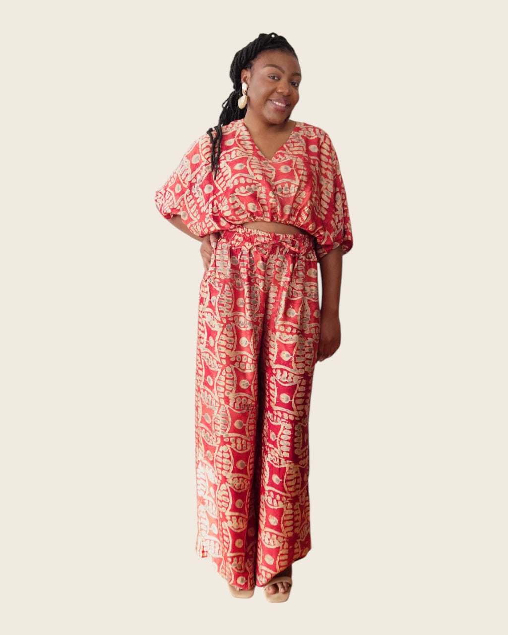 Simi Coral Fern — wide-leg trouser set in hand-dyed Adire, front view, L'atelier KaAy