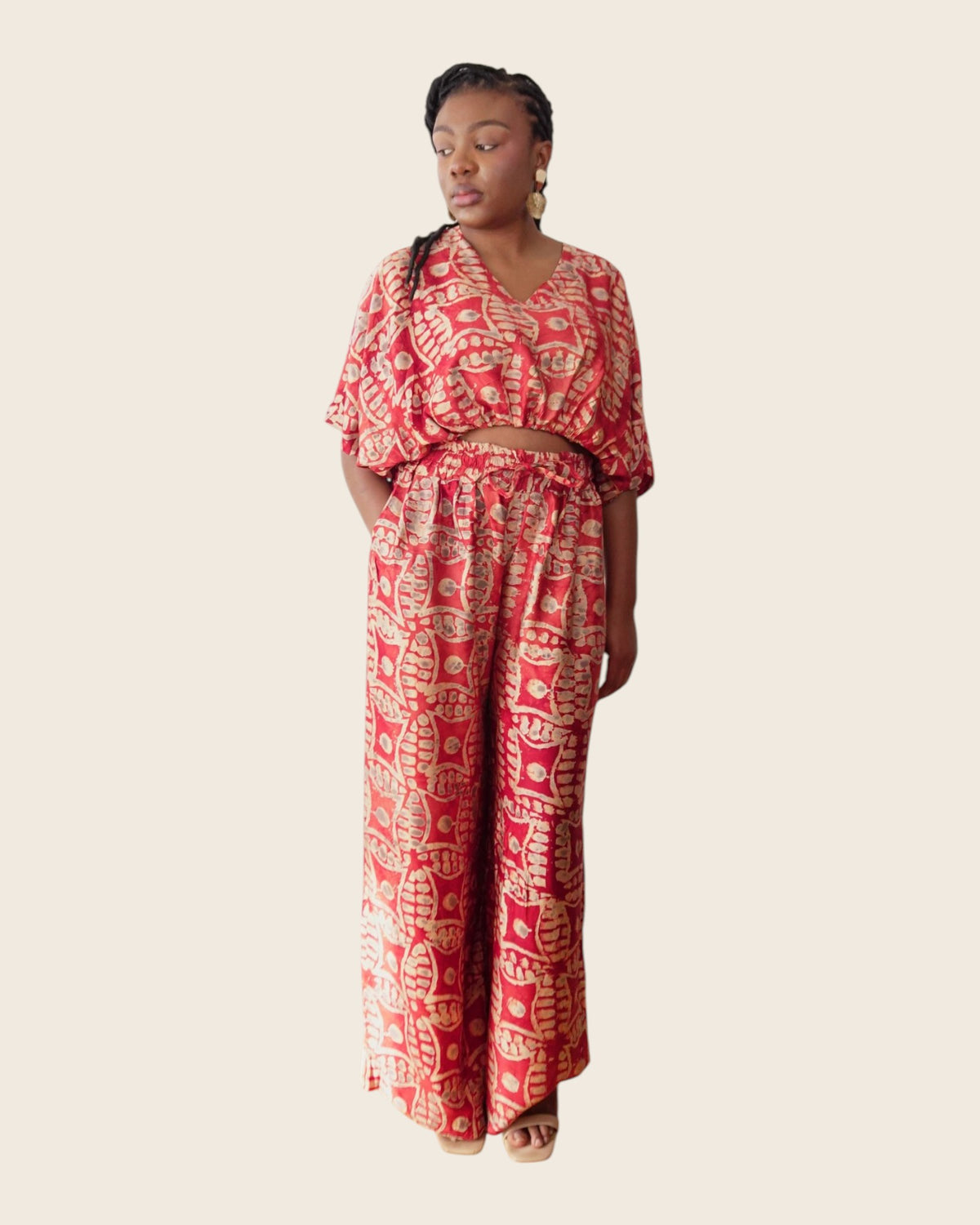 Simi Coral Fern — wide-leg trouser set in hand-dyed Adire, front view, L'atelier KaAy