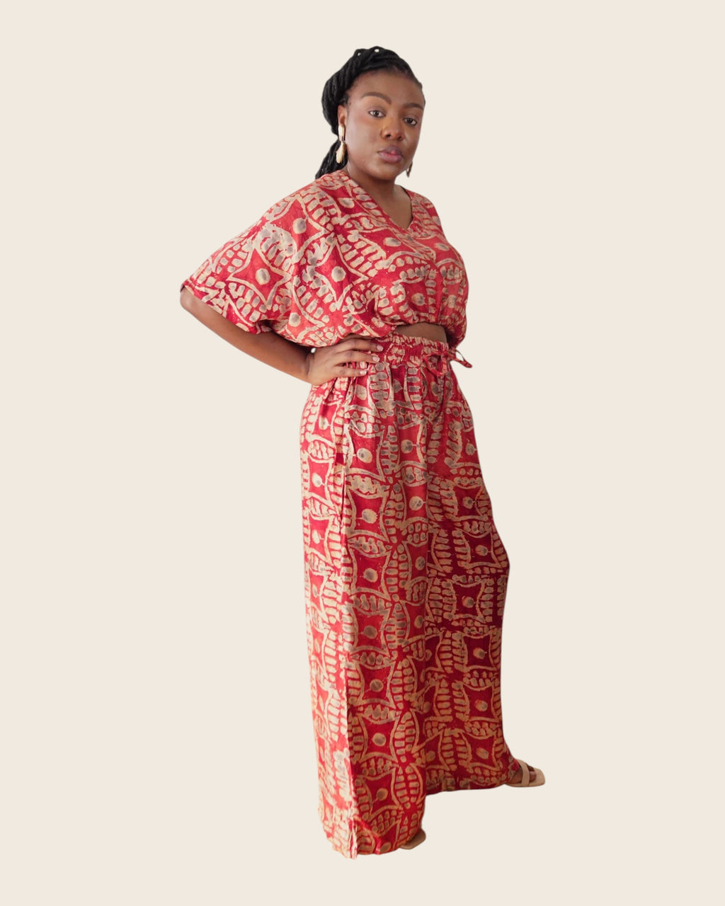 Simi Coral Fern — wide-leg trouser set in hand-dyed Adire, side view, L'atelier KaAy