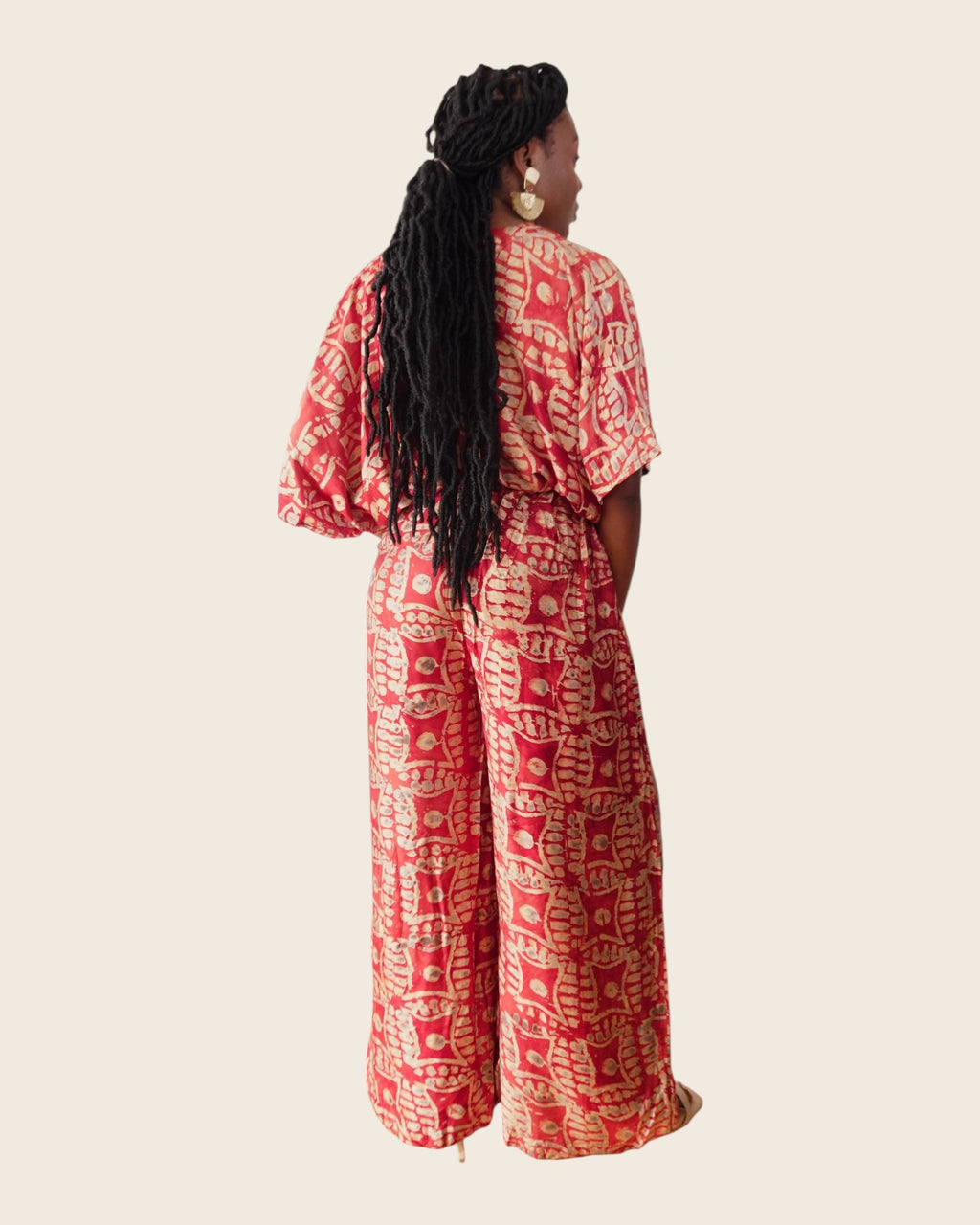 Simi Coral Fern — wide-leg trouser set in hand-dyed Adire, back view, L'atelier KaAy