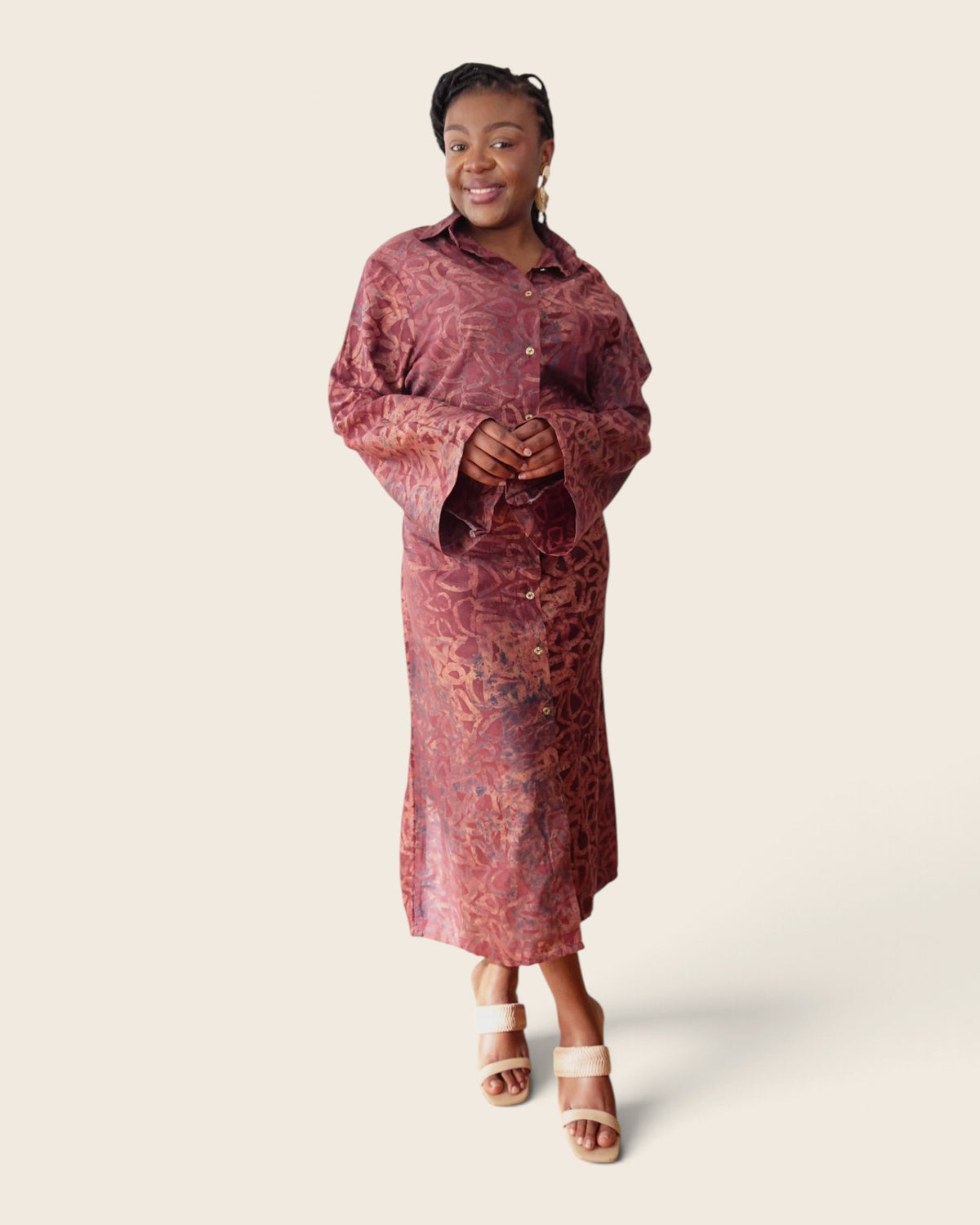 Adunni Cranberry Copper — maxi shirt dress in hand-dyed Adire, front view, L'atelier KaAy