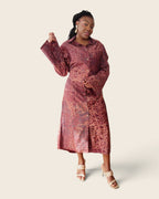 Adunni Cranberry Copper — maxi shirt dress in hand-dyed Adire, front view, flared sleeve, L'atelier KaAy