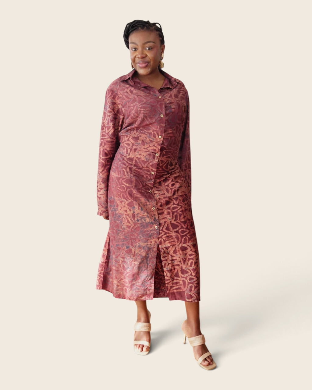 Adunni Cranberry Copper — maxi shirt dress in hand-dyed Adire, front view, L'atelier KaAy