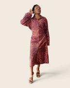 Adunni Cranberry Copper — maxi shirt dress in hand-dyed Adire, three-quarter view, L'atelier KaAy
