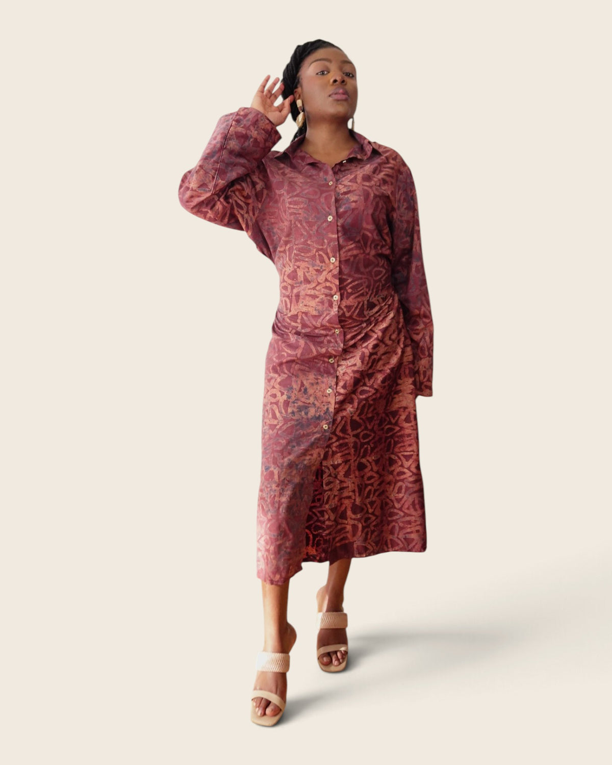 Adunni Cranberry Copper — maxi shirt dress in hand-dyed Adire, three-quarter view, L'atelier KaAy