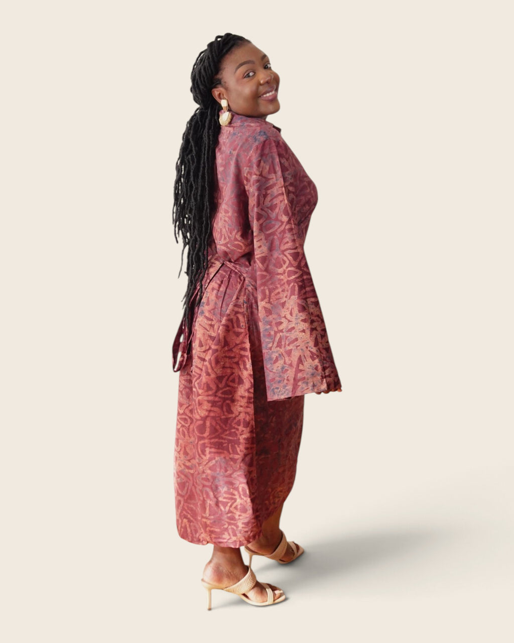 Adunni Cranberry Copper — maxi shirt dress in hand-dyed Adire, side view, L'atelier KaAy
