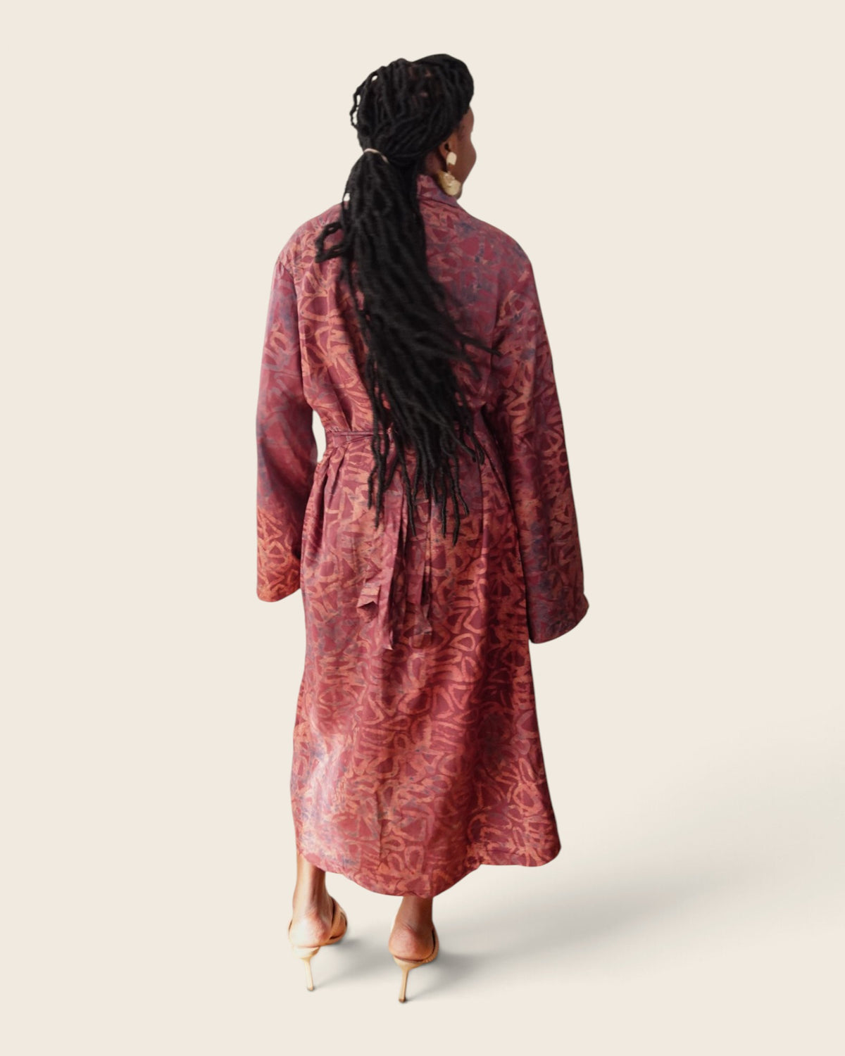 Adunni Cranberry Copper — maxi shirt dress in hand-dyed Adire, back view, L'atelier KaAy