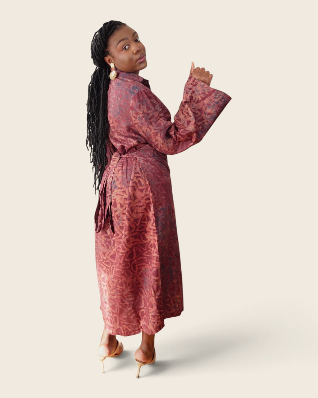 Adunni Cranberry Copper — maxi shirt dress in hand-dyed Adire, back three-quarter view, L'atelier KaAy