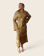 Adunni Golden Bark — maxi shirt dress in hand-dyed Adire, front view, L'atelier KaAy