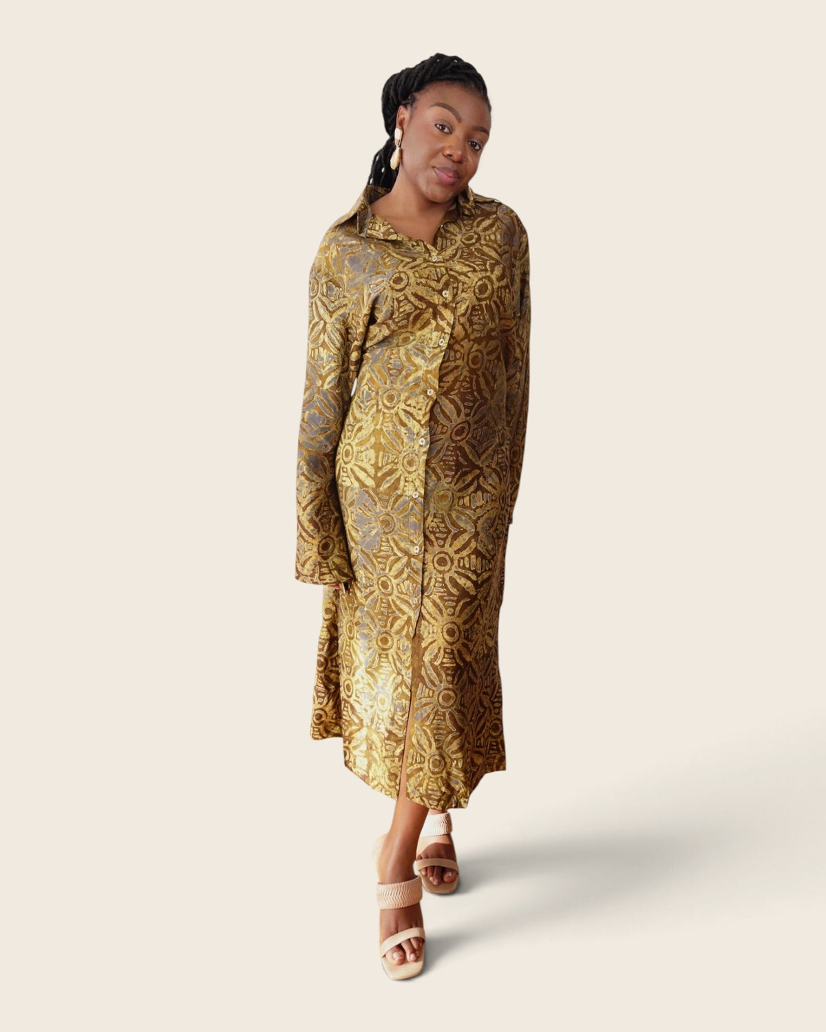 Adunni Golden Bark — maxi shirt dress in hand-dyed Adire, three-quarter view, L'atelier KaAy