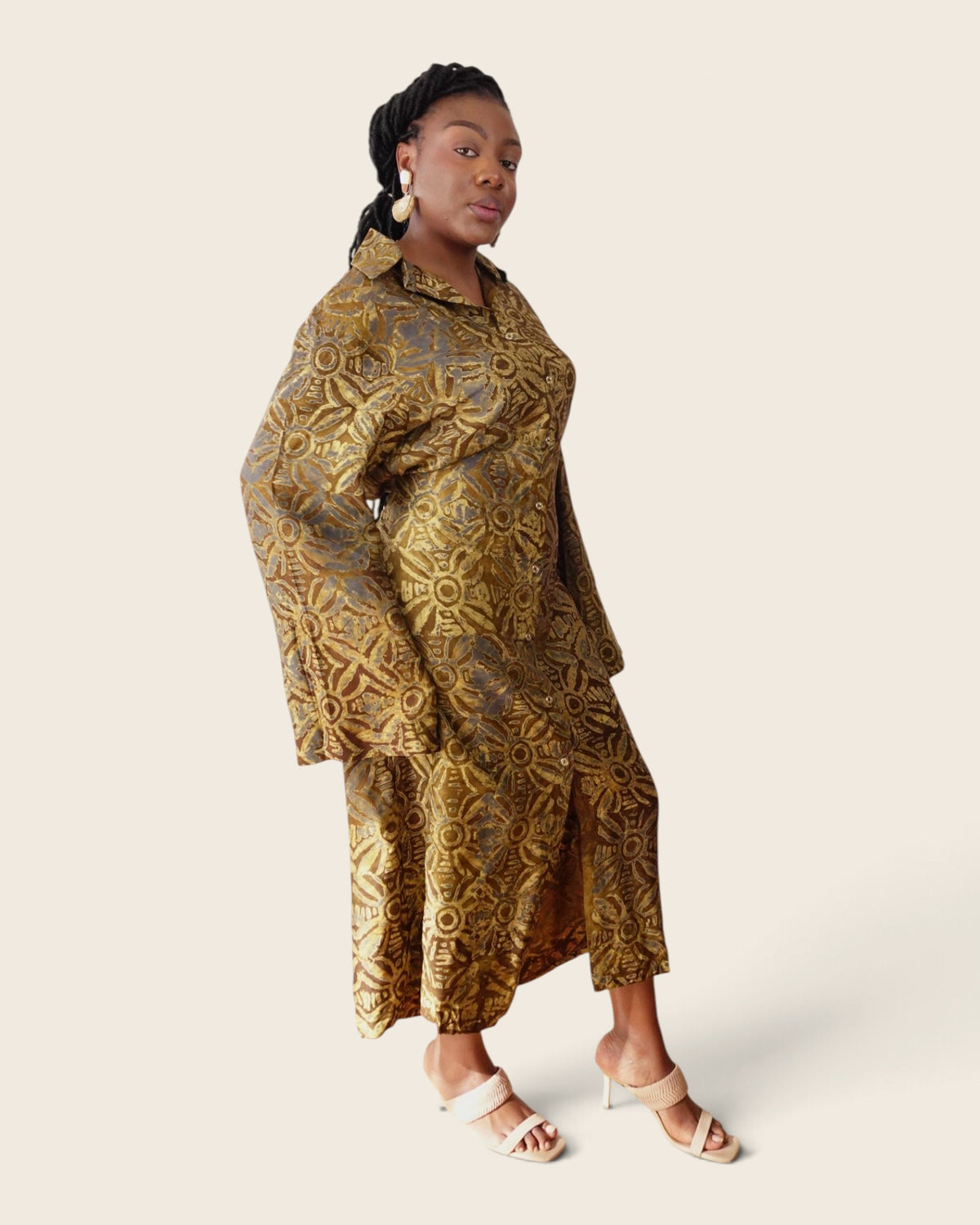 Adunni Golden Bark — maxi shirt dress in hand-dyed Adire, three-quarter view, L'atelier KaAy
