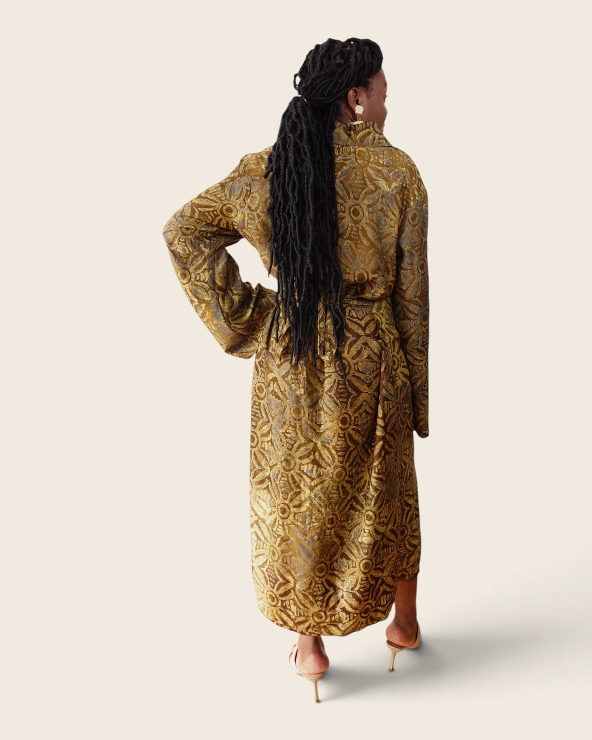 Adunni Golden Bark — maxi shirt dress in hand-dyed Adire, back view, L'atelier KaAy