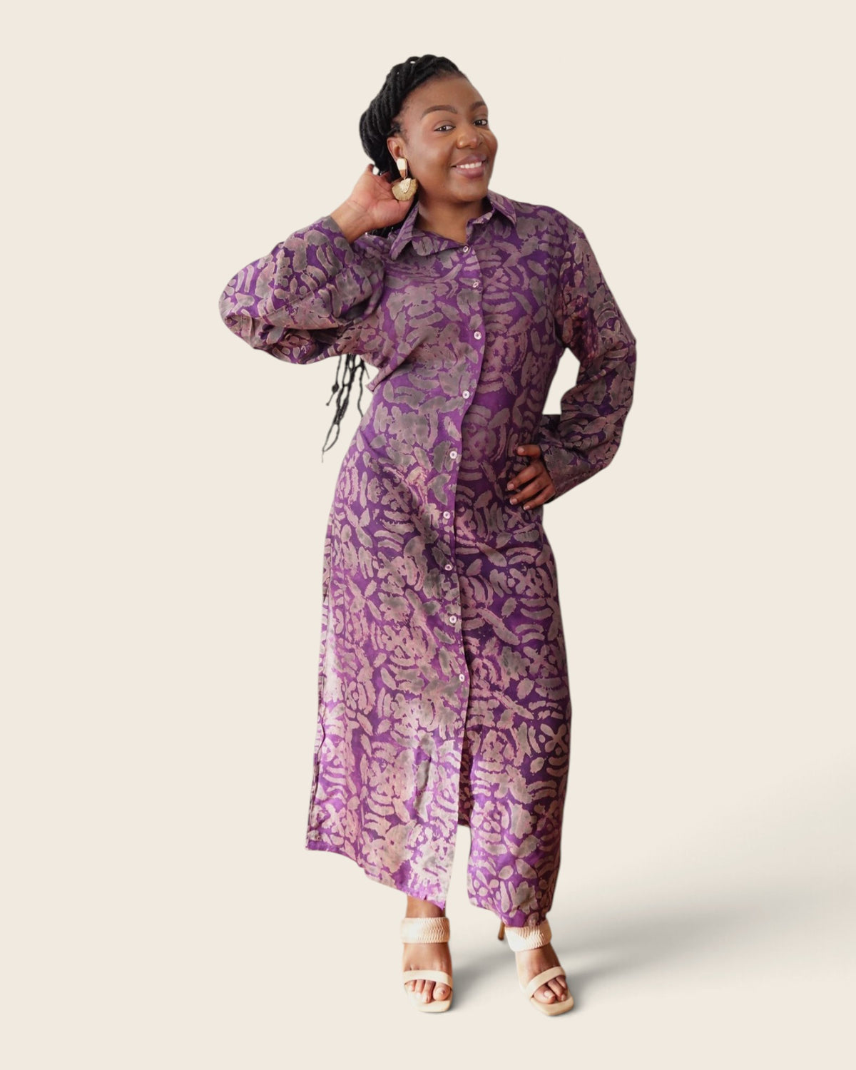 Adunni Violet Smoke — maxi shirt dress in hand-dyed Adire, front view, L'atelier KaAy