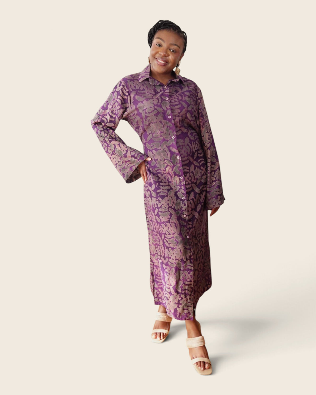 Adunni Violet Smoke — maxi shirt dress in hand-dyed Adire, front view, L'atelier KaAy