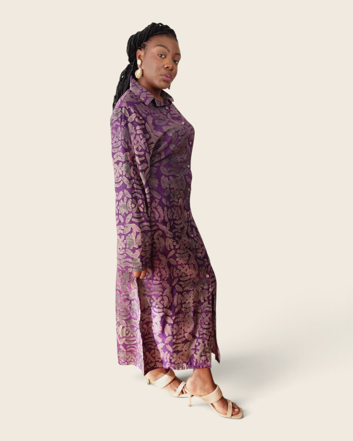 Adunni Violet Smoke — maxi shirt dress in hand-dyed Adire, three-quarter view, L'atelier KaAy