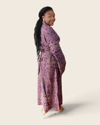 Adunni Violet Smoke — maxi shirt dress in hand-dyed Adire, back three-quarter view, back tie, L'atelier KaAy