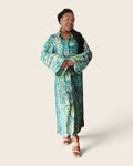 Adunni Teal Blossom — maxi shirt dress in hand-dyed Adire, front view, L'atelier KaAy