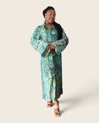 Adunni Teal Blossom — maxi shirt dress in hand-dyed Adire, front view, L'atelier KaAy