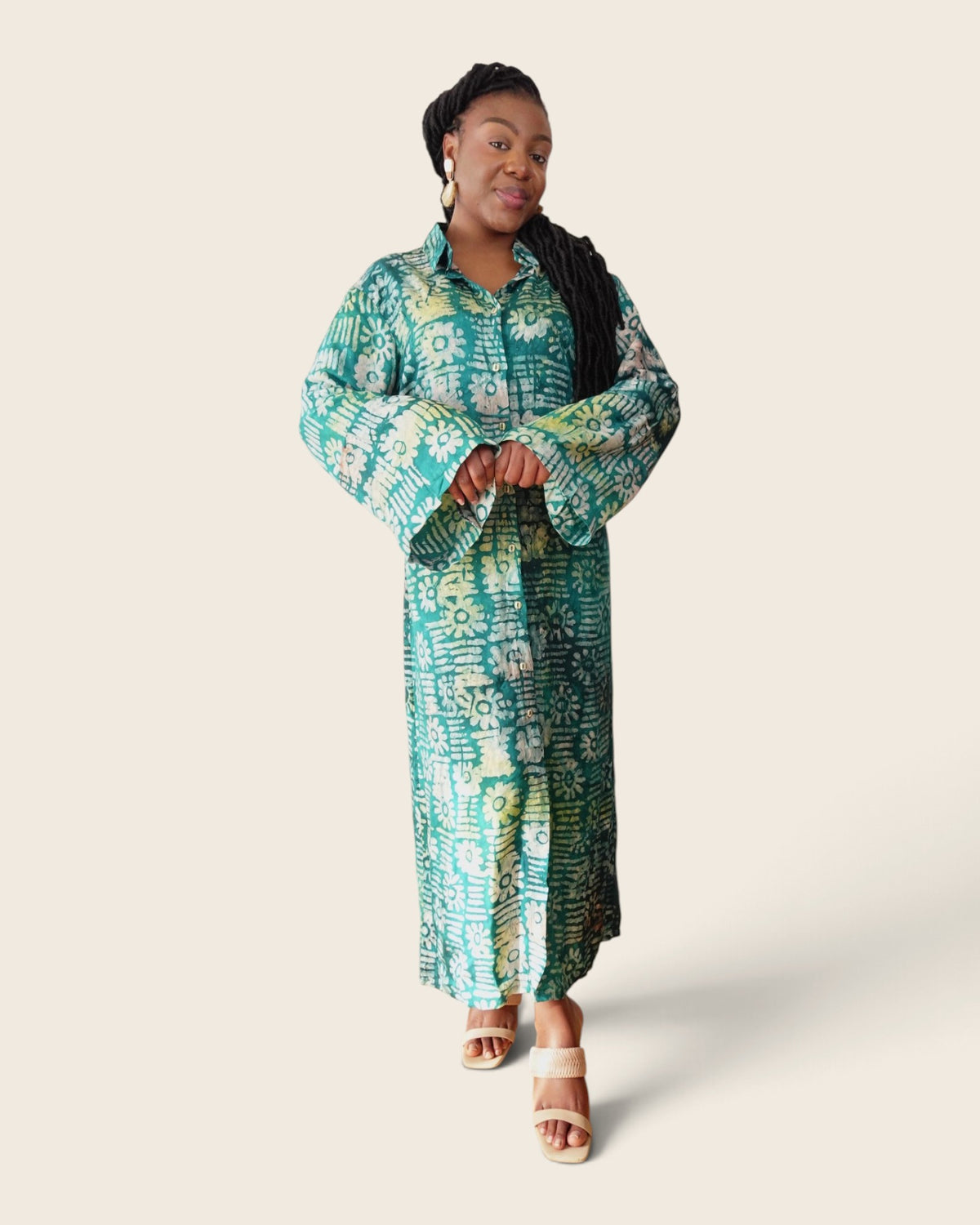 Adunni Teal Blossom — maxi shirt dress in hand-dyed Adire, front view, L'atelier KaAy