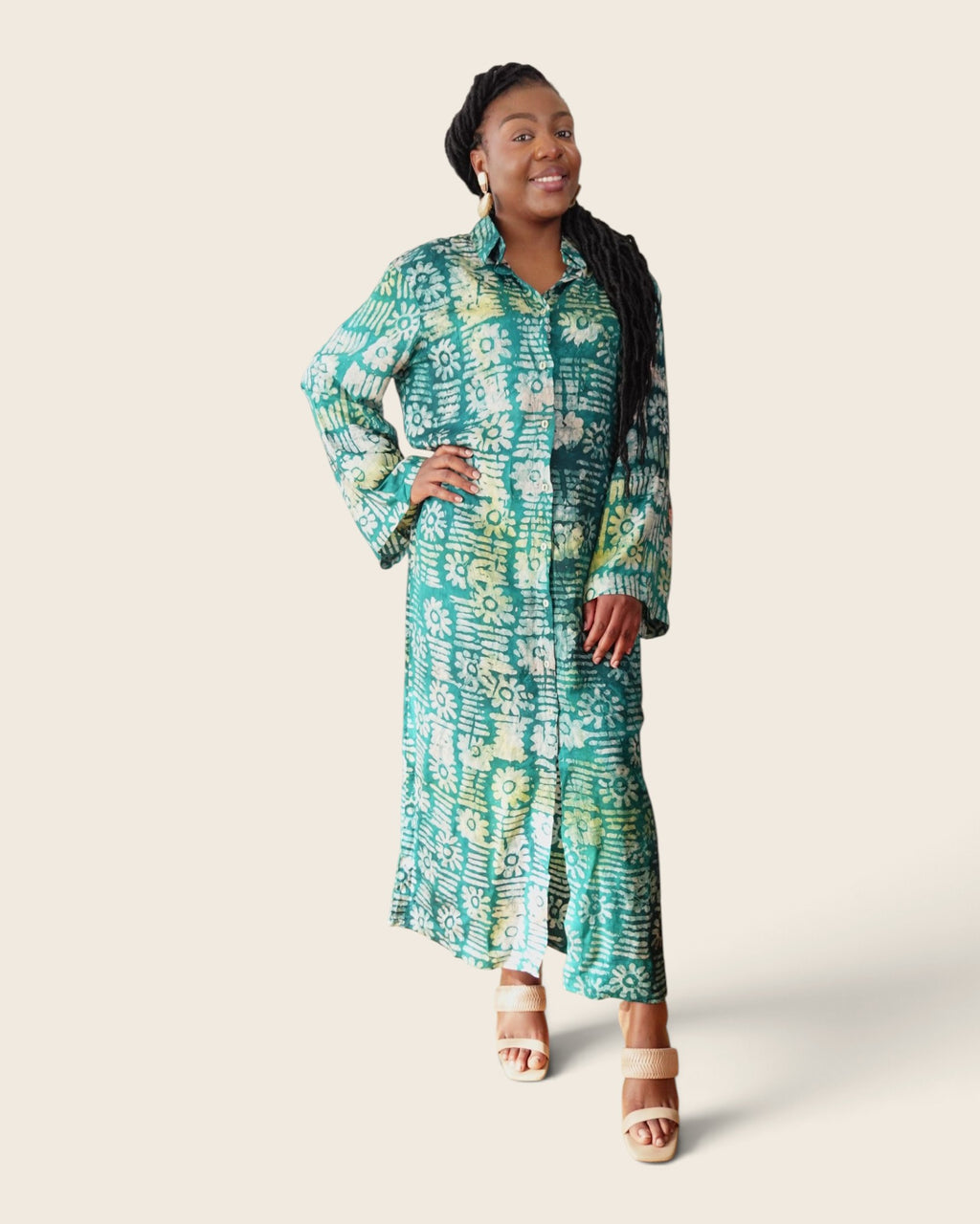 Adunni Teal Blossom — maxi shirt dress in hand-dyed Adire, front view, L'atelier KaAy