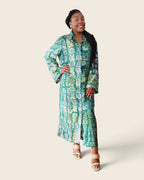 Adunni Teal Blossom — maxi shirt dress in hand-dyed Adire, front view, L'atelier KaAy