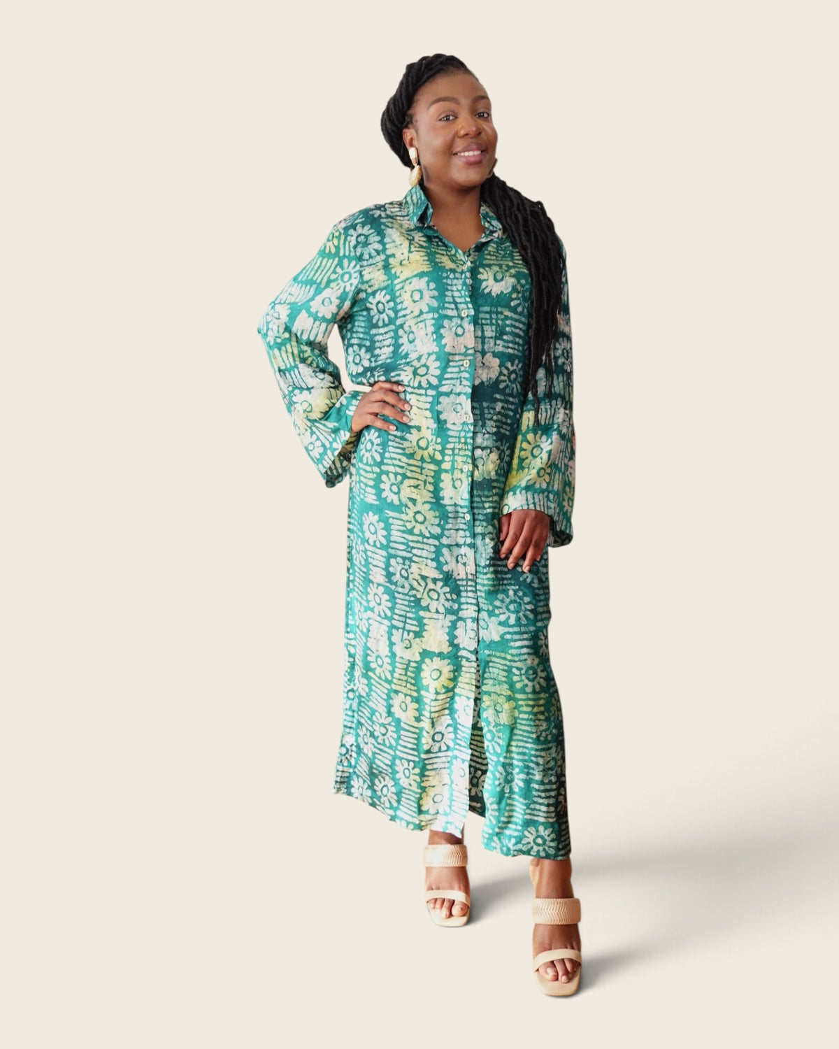 Adunni Teal Blossom — maxi shirt dress in hand-dyed Adire, front view, L'atelier KaAy