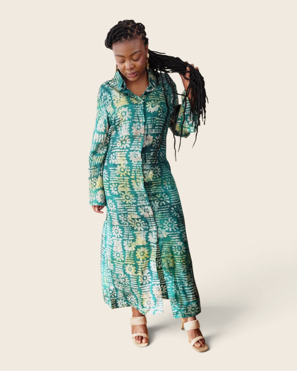 Adunni Teal Blossom — maxi shirt dress in hand-dyed Adire, front view, L'atelier KaAy