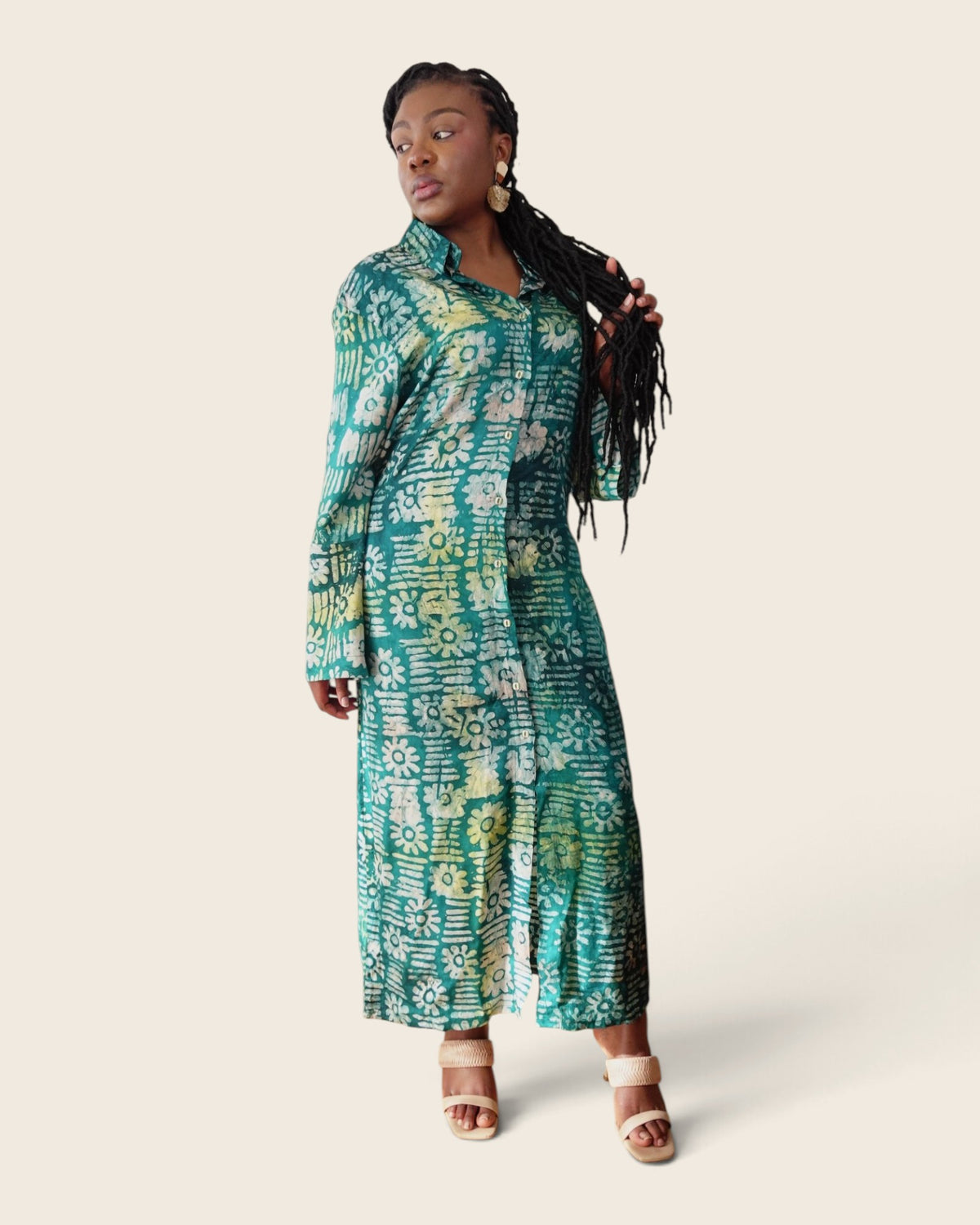 Adunni Teal Blossom — maxi shirt dress in hand-dyed Adire, front view, L'atelier KaAy