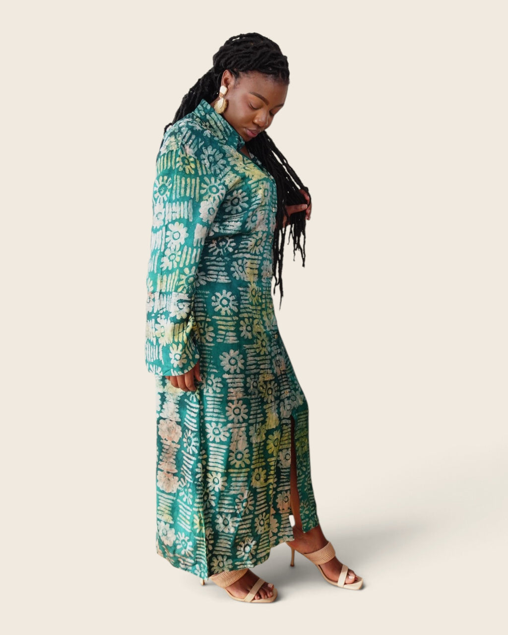 Adunni Teal Blossom — maxi shirt dress in hand-dyed Adire, side view, L'atelier KaAy