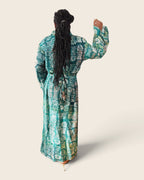 Adunni Teal Blossom — maxi shirt dress in hand-dyed Adire, back view, L'atelier KaAy