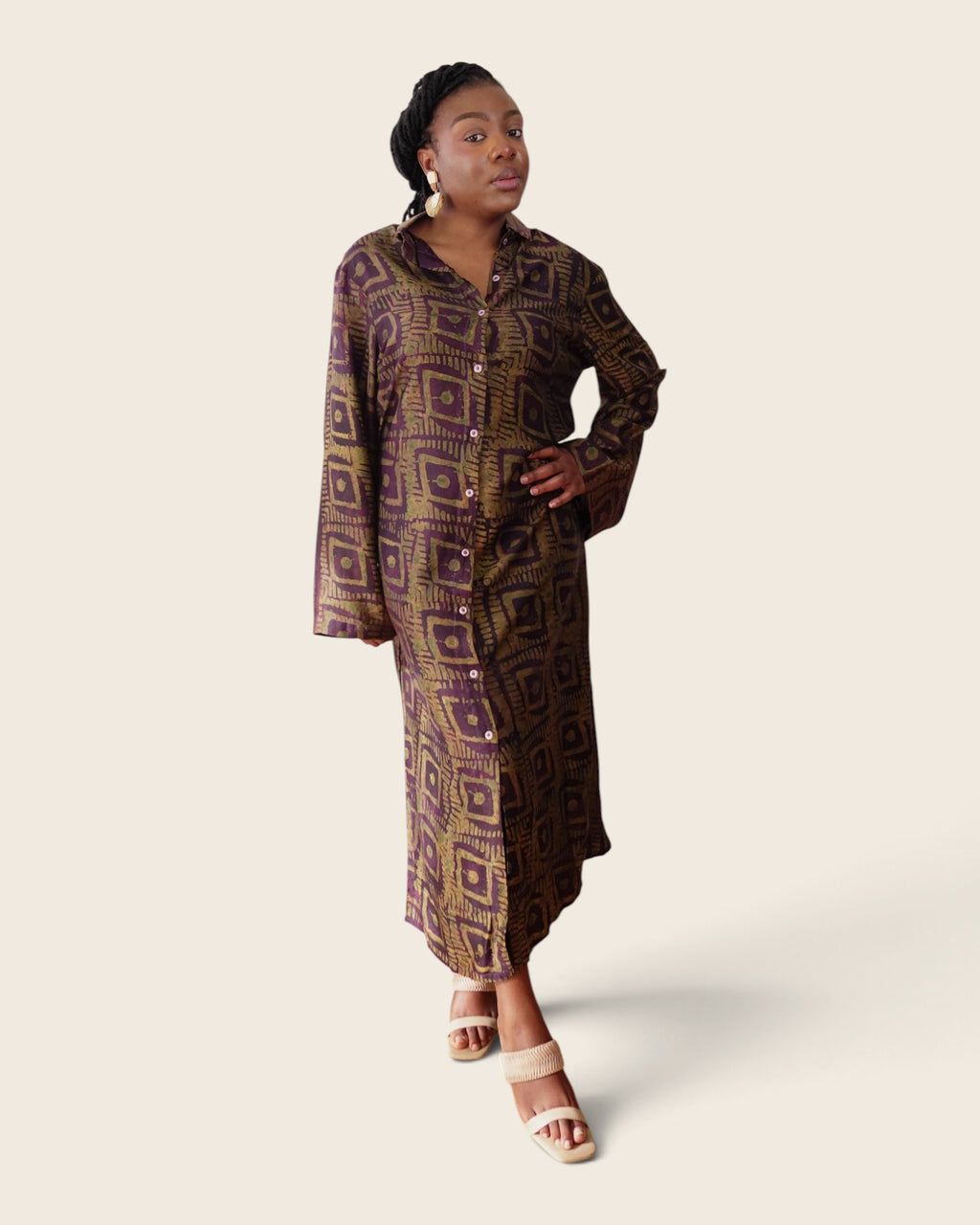 Adunni Fig Tile — maxi shirt dress in hand-dyed Adire, front view, L'atelier KaAy