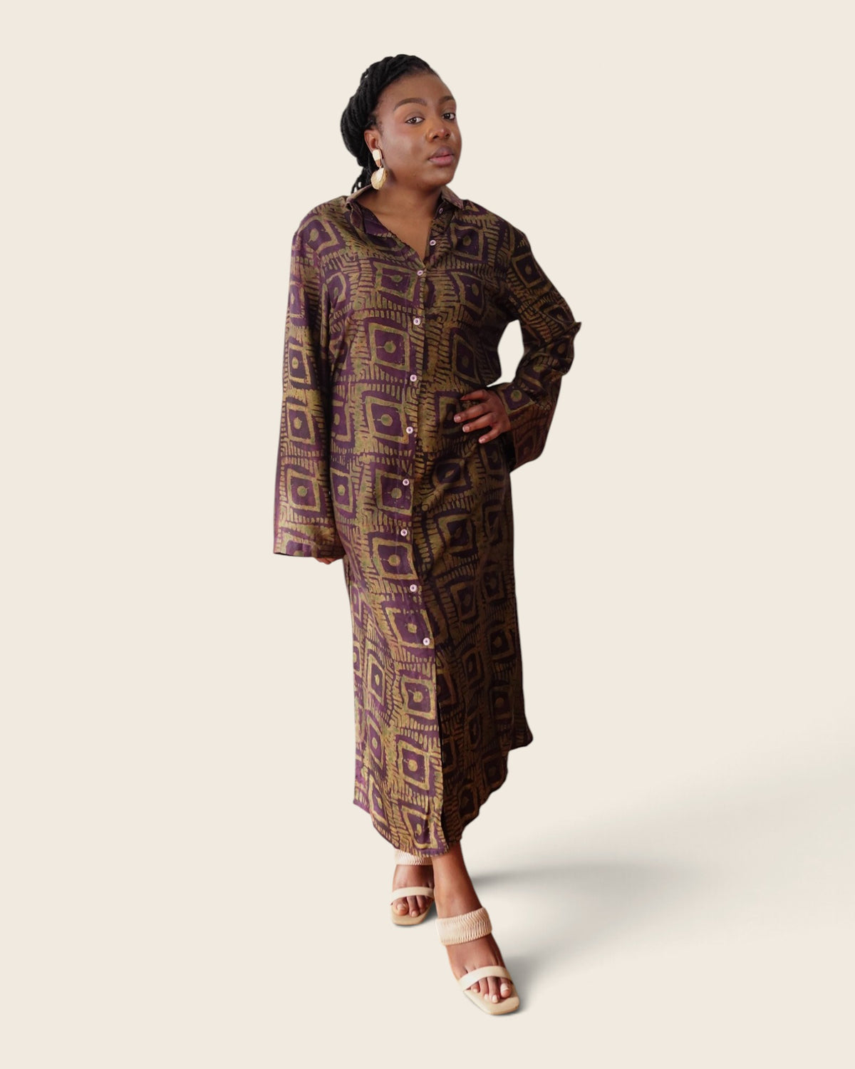 Adunni Fig Tile — maxi shirt dress in hand-dyed Adire, front view, L'atelier KaAy