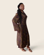 Adunni Fig Tile — maxi shirt dress in hand-dyed Adire, three-quarter view, L'atelier KaAy