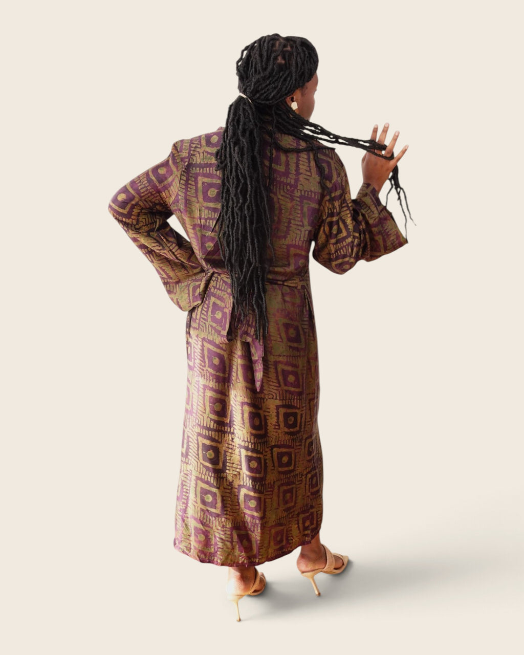 Adunni Fig Tile — maxi shirt dress in hand-dyed Adire, back view, L'atelier KaAy