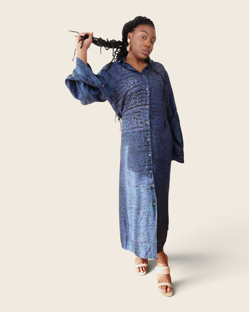 Adunni Midnight Tide — maxi shirt dress in hand-dyed Adire, front view, L'atelier KaAy